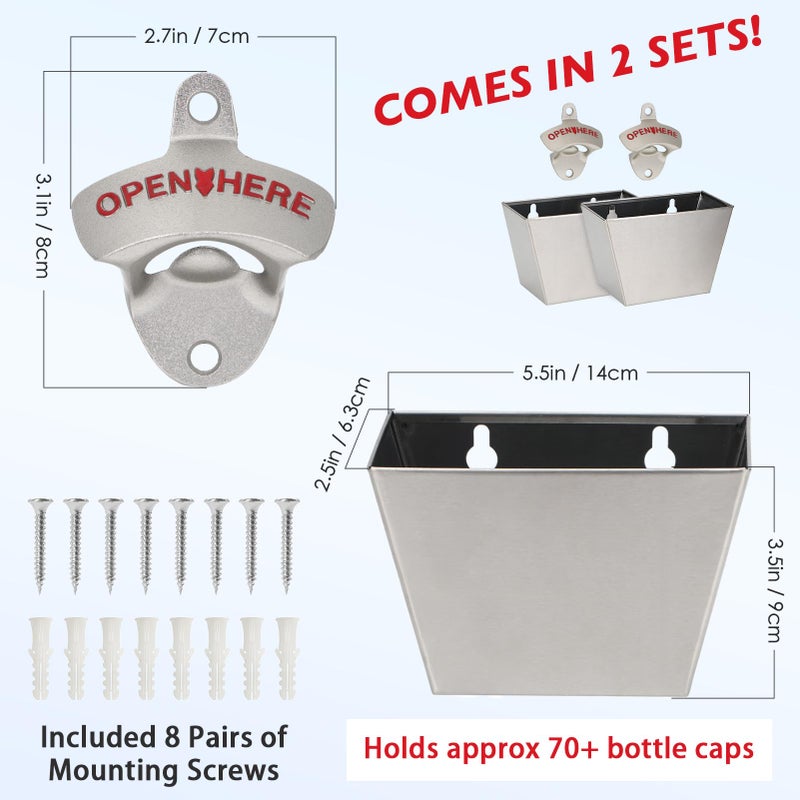 kilofly 2 SETS Beer Bottle Opener Cap Catcher Bucket Man Cave Gift Wall Mounted - Image 5
